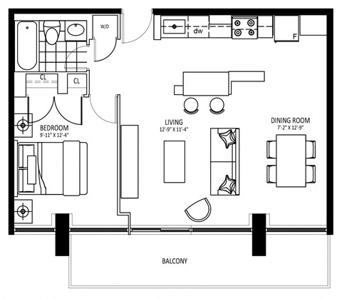 Floor plan for 1 bed, 1 bath, 658 sqft